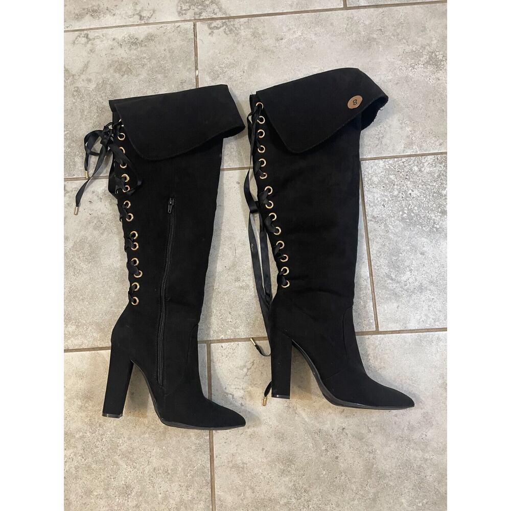"""Size 8 BAMBOO Mauve Madam Taupe BLACK VELVET Thigh High Chunky Heel BOOT"""